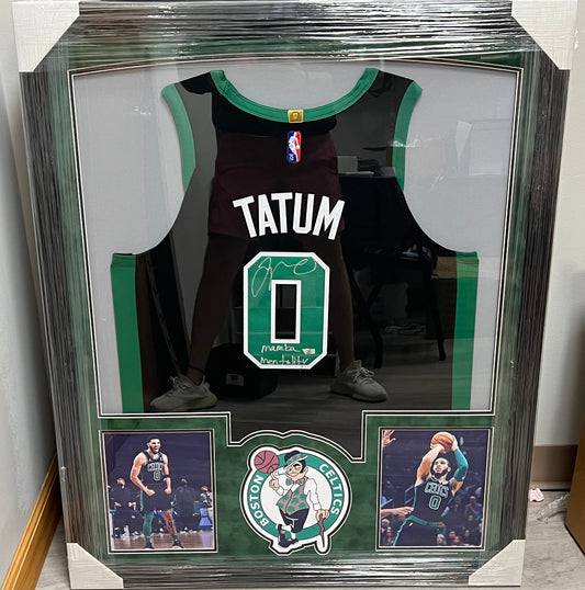 Jayson Tatum Black Celtics Fanatics COANike 75th Anniversary Signed Framed Jersey "Mamba Mentality"